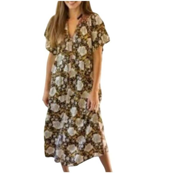 Natural Life Maxi Dress Women M Brown Floral Thick Stitching Boho Muumuu Country - Picture 2 of 16